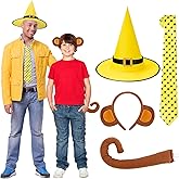 Kuscul 4 Pcs Halloween Couple Monkey and Yellow Costume Set Include Yellow Hat Black Polka Dots Tie Monkey Ears Headband Tails for Cosplay Unisex Dress up