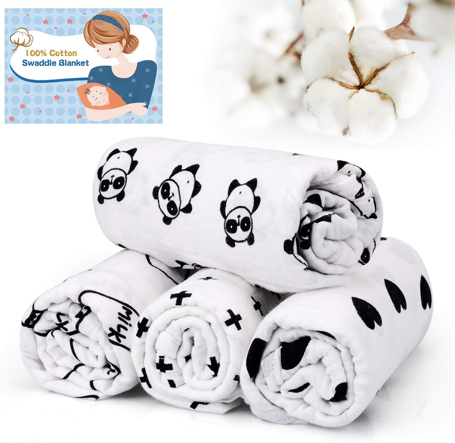 IEOKE Baby Blanket Swaddle Blanket 0-6 Months Unisex, 100% Soft Cotton,120cm x 120cm (47 Inch x 47 Inch), 4 Pack Newborn Essentials