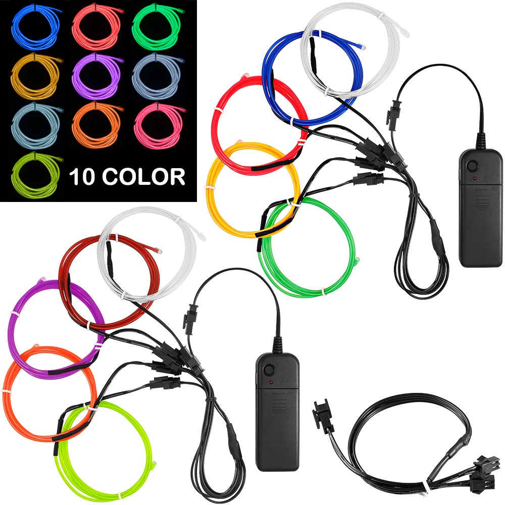 DanziX 10 Pack 3ft Portable EL Wire, Neon Light for Halloween Christmas Party Decoration Home Improvement - 10 Colors