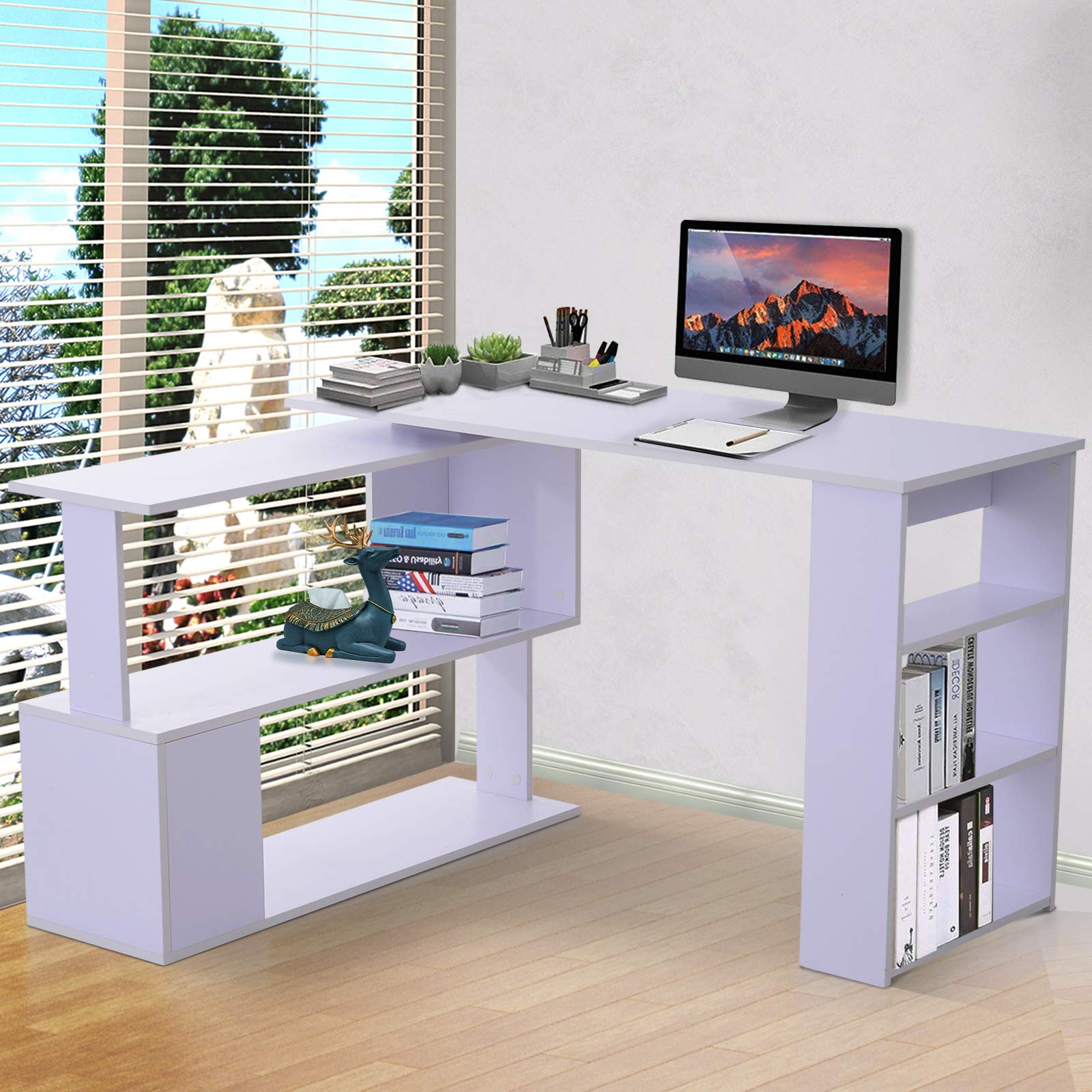 HOMCOM 360° Rotating Home Office Corner Desk and Storage Shelf Combo Modern L Shaped Rotating Computer Desk with Bookshelves - White
