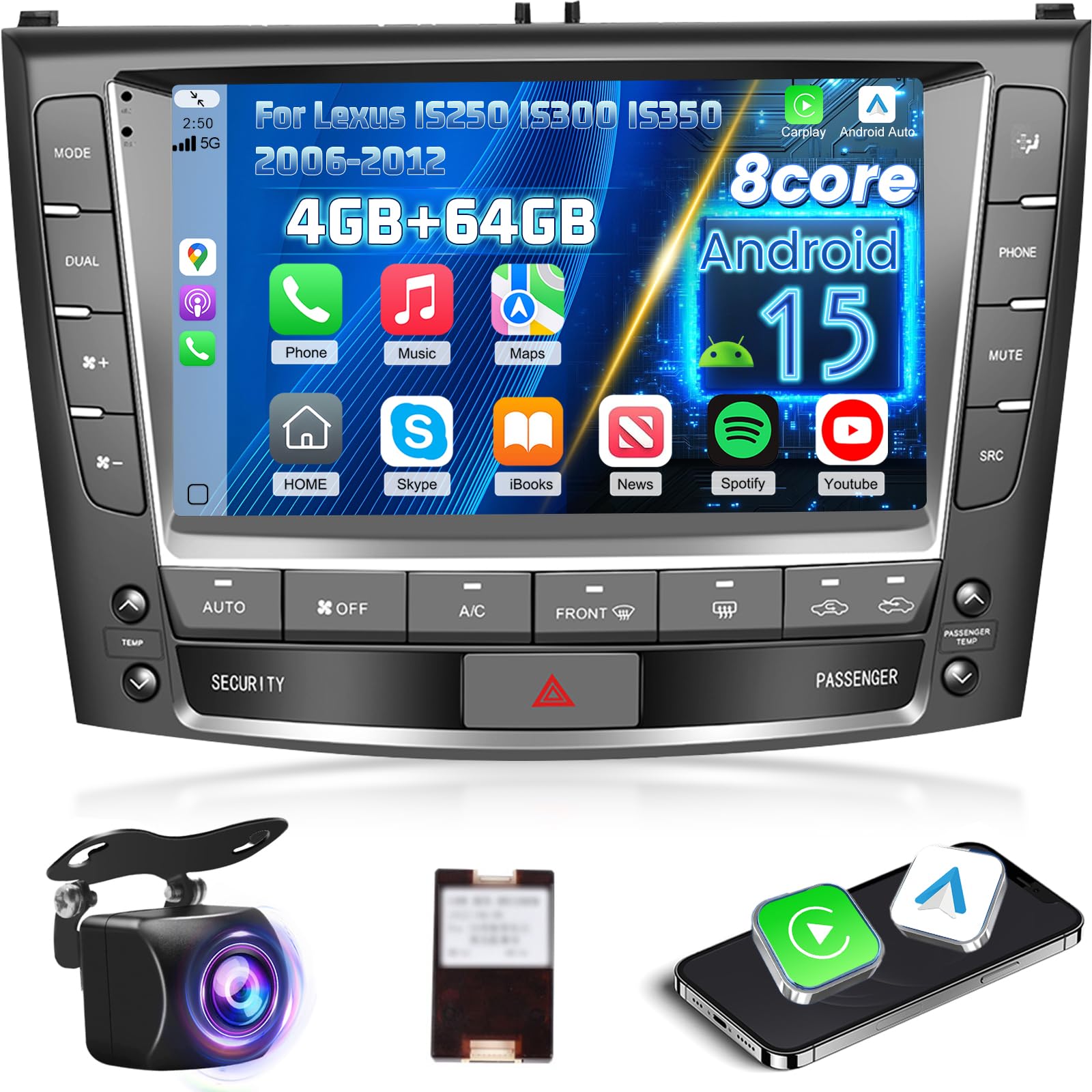 Photo 1 of 5G WiFi 8 Core Car Stereo for Lexus IS250 IS300 IS350 2006-2012 with Carplay & Android Auto - 4+64G Android 15 Touchscreen Radio with DSP/Heat Dissipation/GPS Navigation/Backup Camera