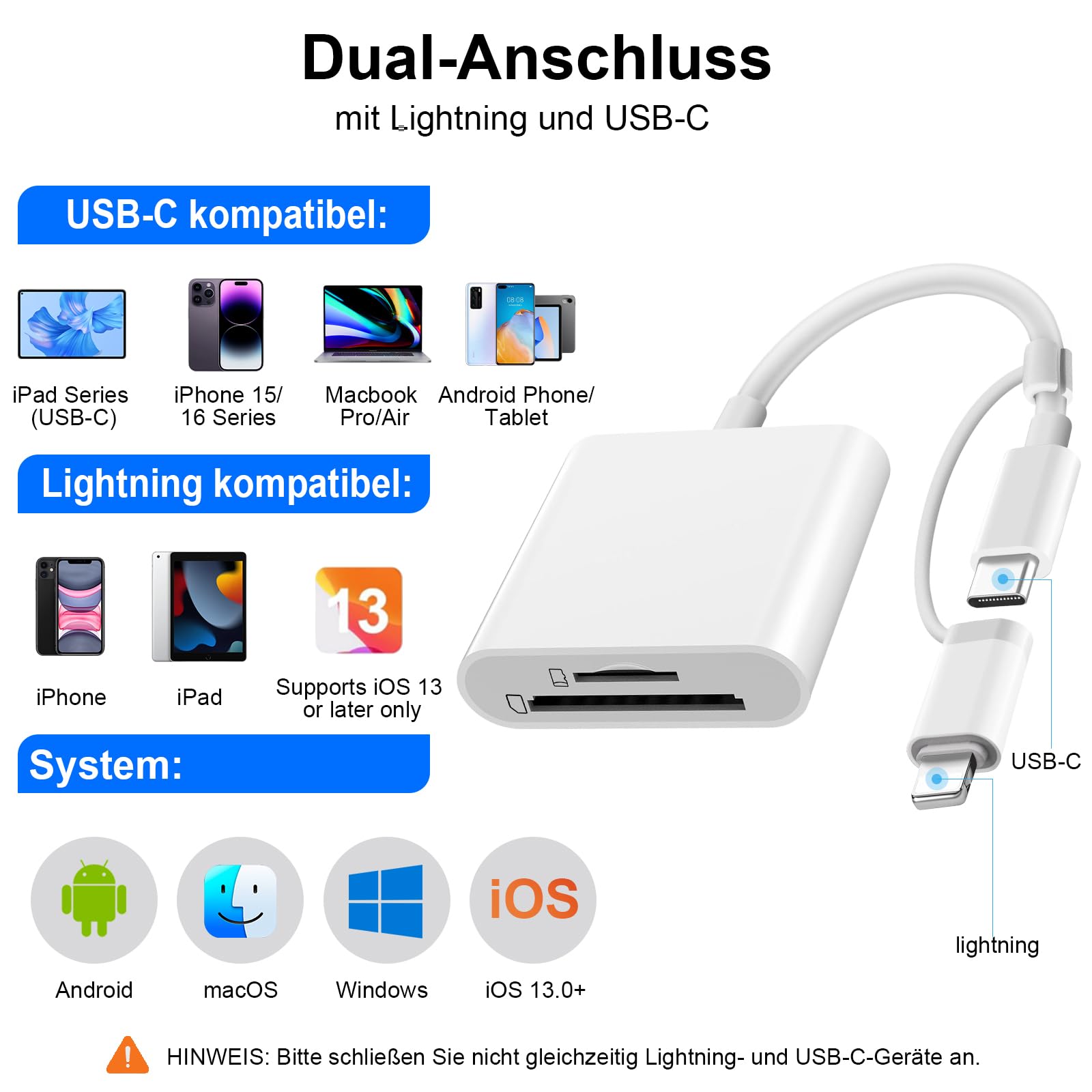 Dalimee SD Kartenleser USB C Lightning für iPhone, Apple MFi Certified, SD Card Reader mit SD und Micro SD/TF Kartensteckplatz, Plug-and-Play, Kartenlesegerät für iPhone15/16/17/iPad/MacBook/Laptop 3