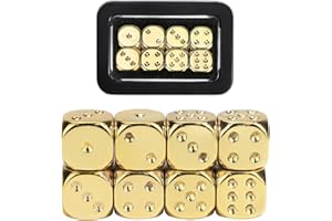 SIXPOINTS 8 Pieces 16mm Shiny Golden Electroplated Dice Set with Metal Box,Round Corner Standard D6 Board Game Dice Compatibl