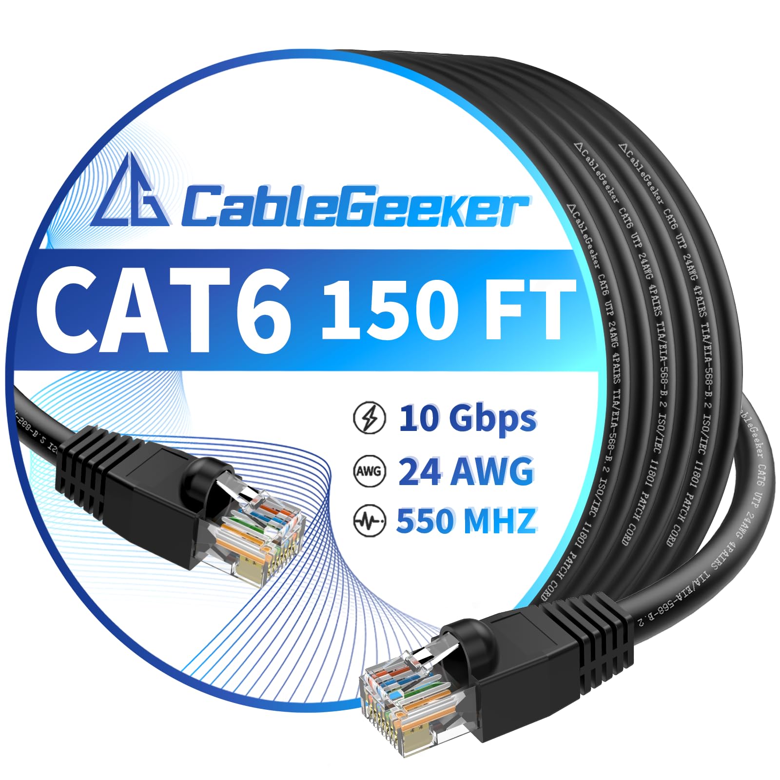 Photo 1 of CableGeeker Cat 6 Ethernet Cable 150 ft, High Speed 10Gbps CCA Internet Network Cable, 24AWG Heavy Duty Patch Cord, UTP LAN Internet Patch Cable for Router, Modem, PS5/4, Xbox, Server, Black