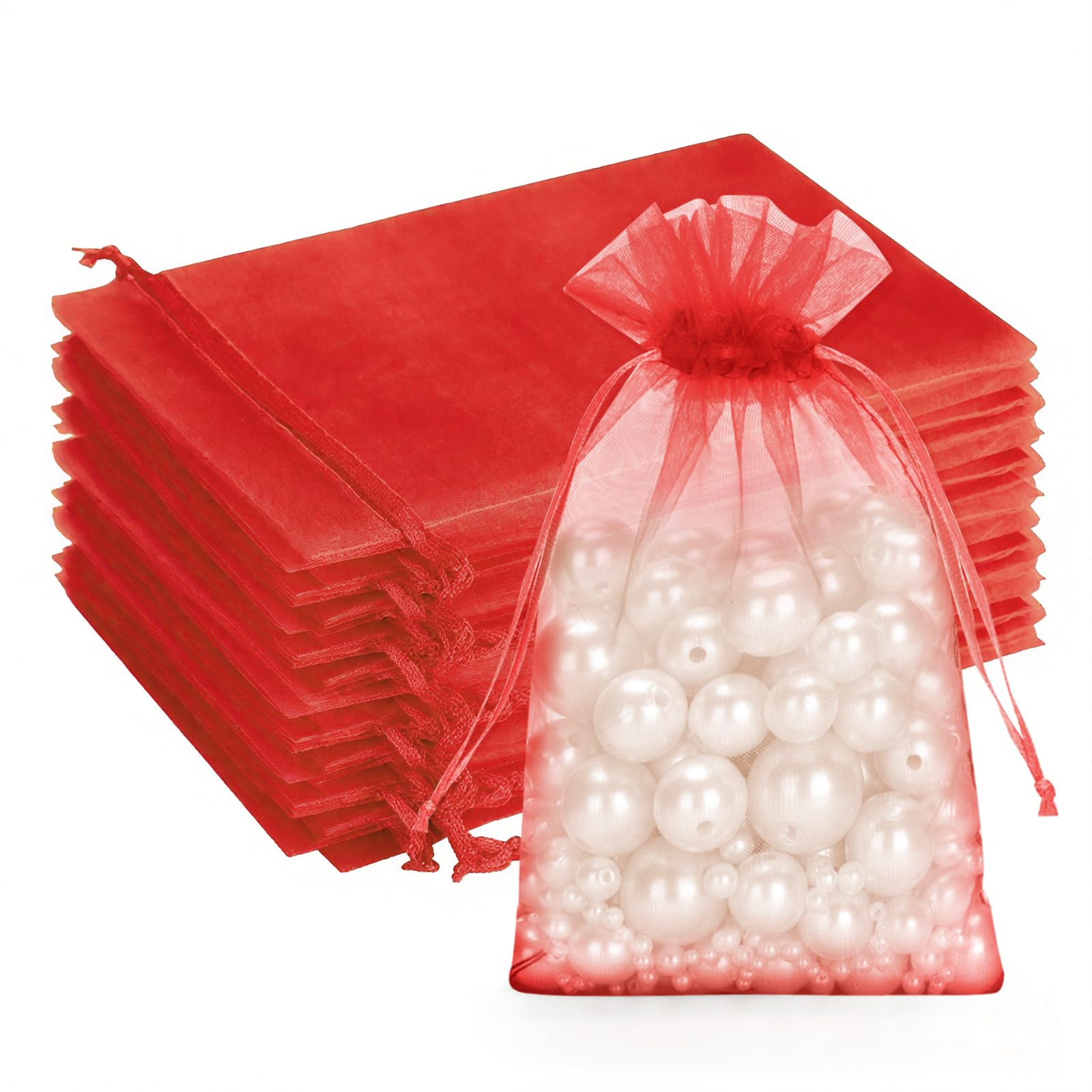 G2PLUS Red Organza Gift Pouches, 10x15 CM Medium Organza Favour Bags, 100 PCS Wedding Jewelry Bags, Clear Mesh Pouches Perfect for Wedding, Christmas, Birthday, Anniversary
