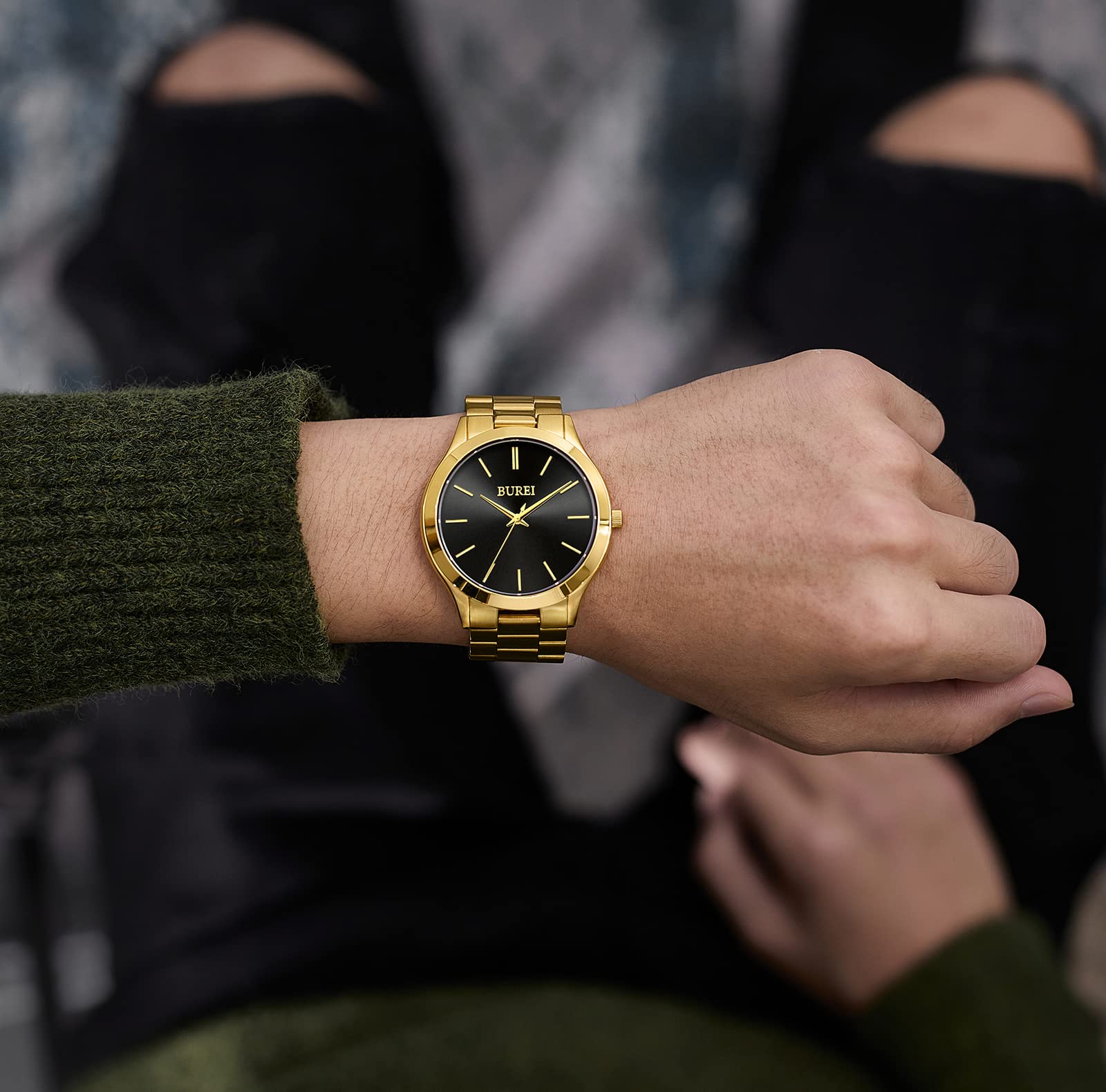 BUREI Men's Quartz Waterproof Analog Wrist Watch Men Watch, gold, Bracelet Type