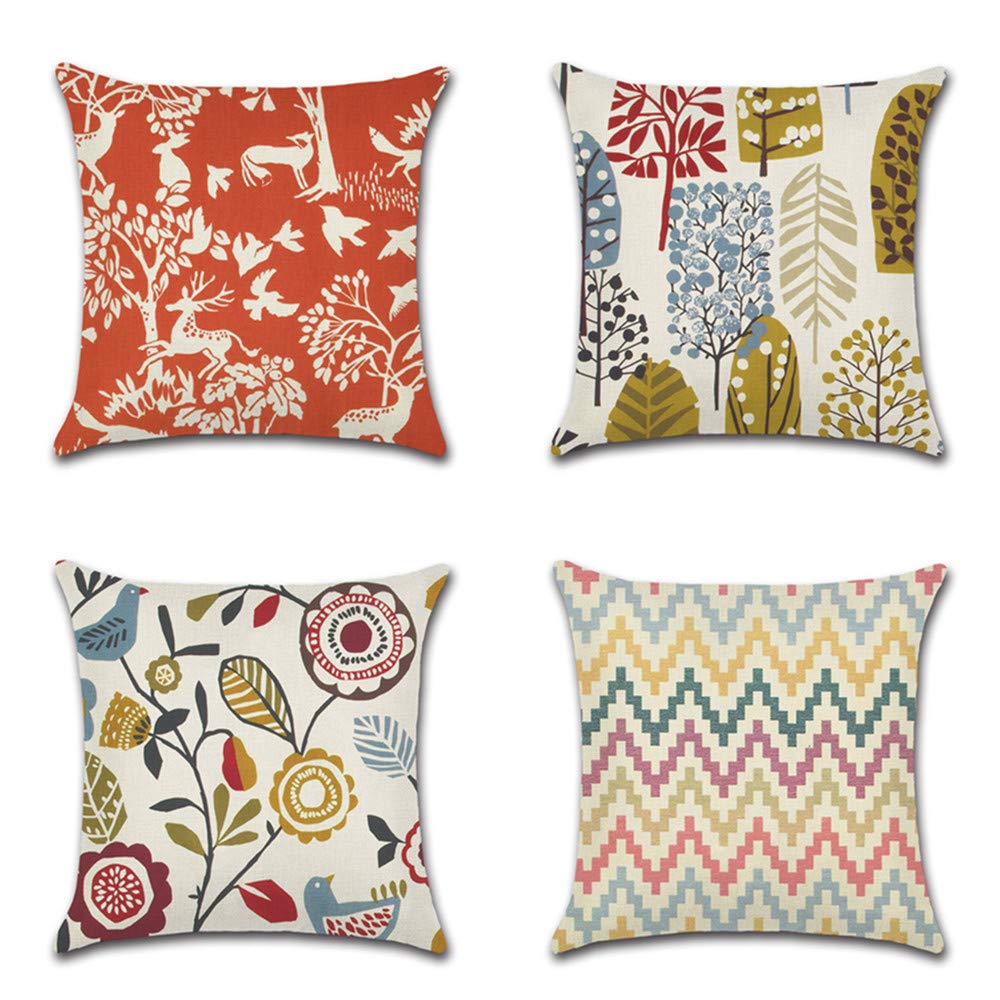 BAOKU Colorful Printed Cushion Covers Pillowcase Home Decorative Square Cushion Covers 18 X 18 Inch Linen Square Cushion Cover, 4Pack