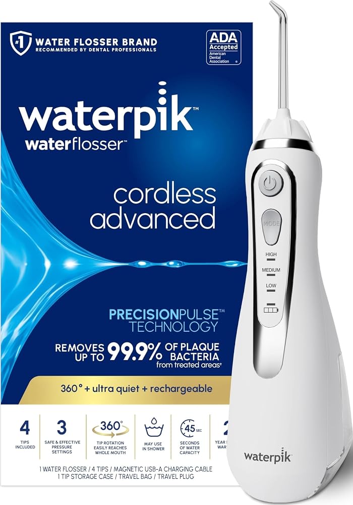 Waterpik Cordless Advanced Portable Water Flosser, Rechargeable, White | 3 Settings, 4 Tips, Travel Bag, for Gums, Teeth, Den