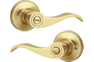 Gaurqiah Brushed Gold Wave Style Privacy Door Handle with Privacy Lock, Keyless Door Lever for Bathroom/Bedroom in Satin Brass Finish, No Key Reversible Lever for Left/Right Doors