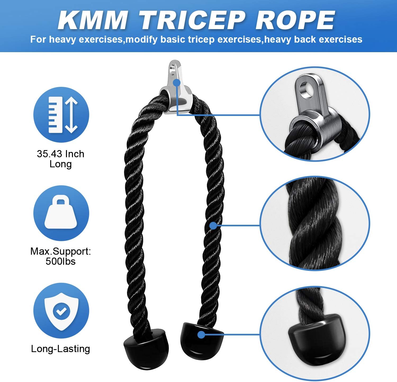 KMM Tricep Rope Cable Machine Attachment, Heavy Duty Triceps Pull Down Rope with Resistance Band Handles, Ankle Strap Carabiner Clips, Nylon Home Gym Accessories for Arm Strength Workout Training : Sports & Outdoors