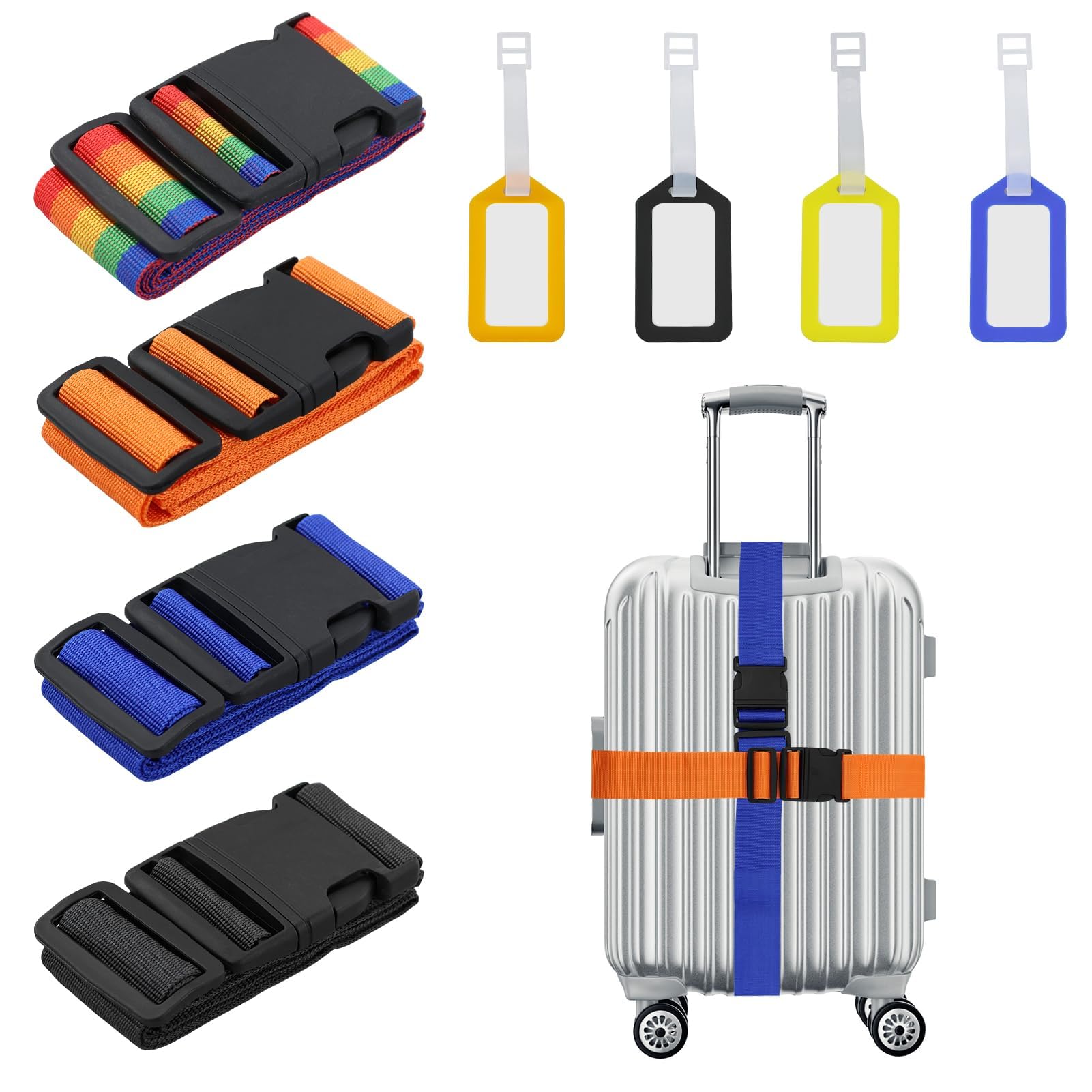 4 Sets Personalised Luggage Straps with Luggage Labels for Suitcases Easy to Spot Sturdy Suitcase Straps .Luggage Strap Travel Belt for Suitcase Bag Baggage(Random Color)