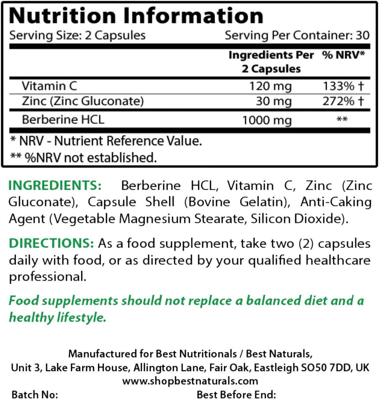Best Naturals Berberine Plus with Berberine HCl, Vitamin C and Zinc, 500mg per Capsules / 1000 mg per 2 Capsules, 60 Capsules - Image 3