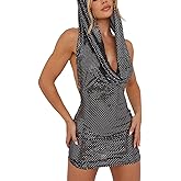 Novaorily Women Sexy V-Neck Bodycon Sequin Mini Dress Hooded Sparkly Dresses for Party Club Night