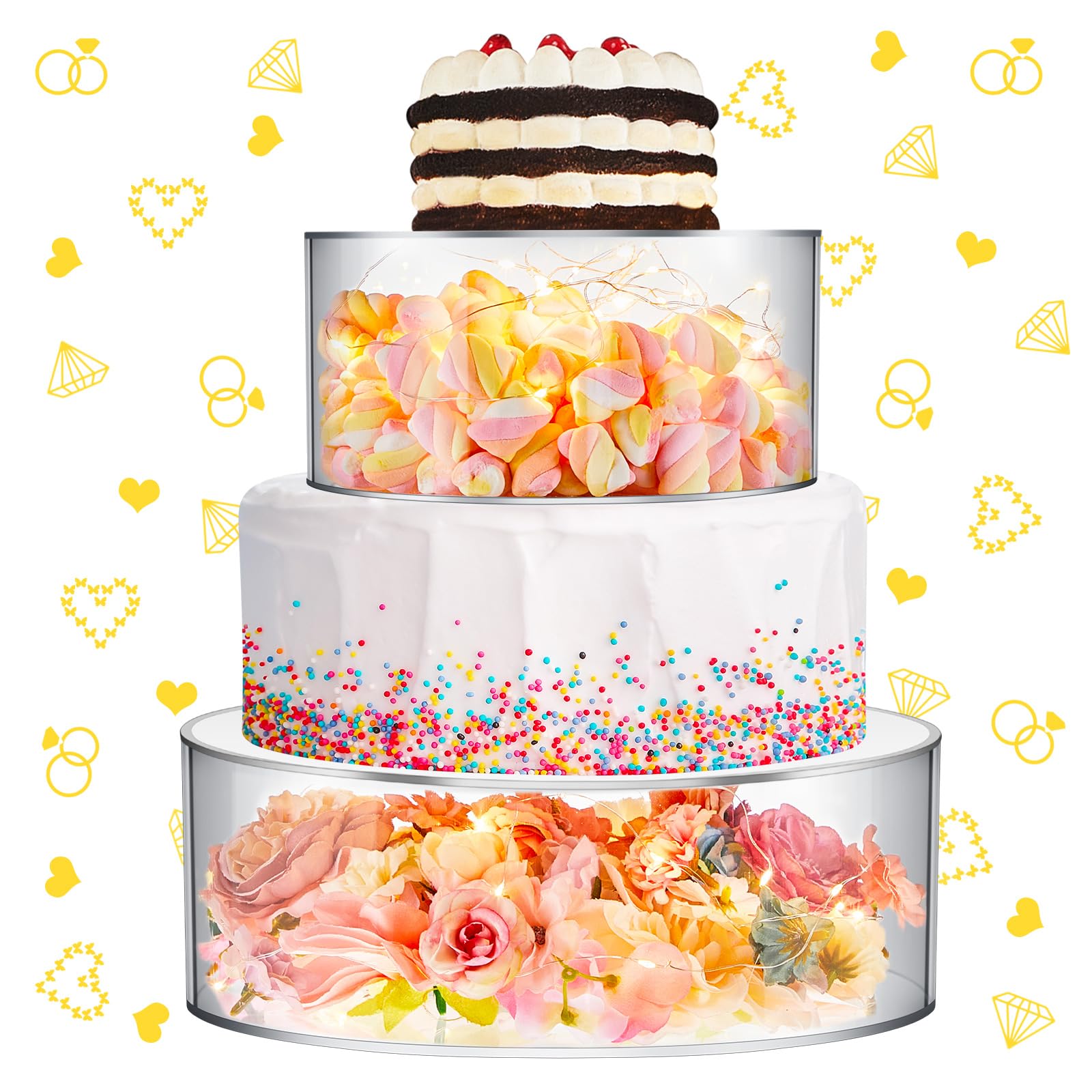 Photo 1 of Sunnyray 2 Pcs Acrylic Cake Stands for Dessert Table Clear Fillable Cake Riser Cupcake Tier with LED Strings for Birthday Wedding Holiday Party Display(10'', 12'')