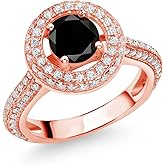 Gem Stone King 18K Rose Gold Plated Silver 6MM Round Gemstone Birthstone and White Moissanite Halo Engagement Ring | Wedding Anniversary Promise Ring For Women | Available In Size 5, 6, 7, 8, 9