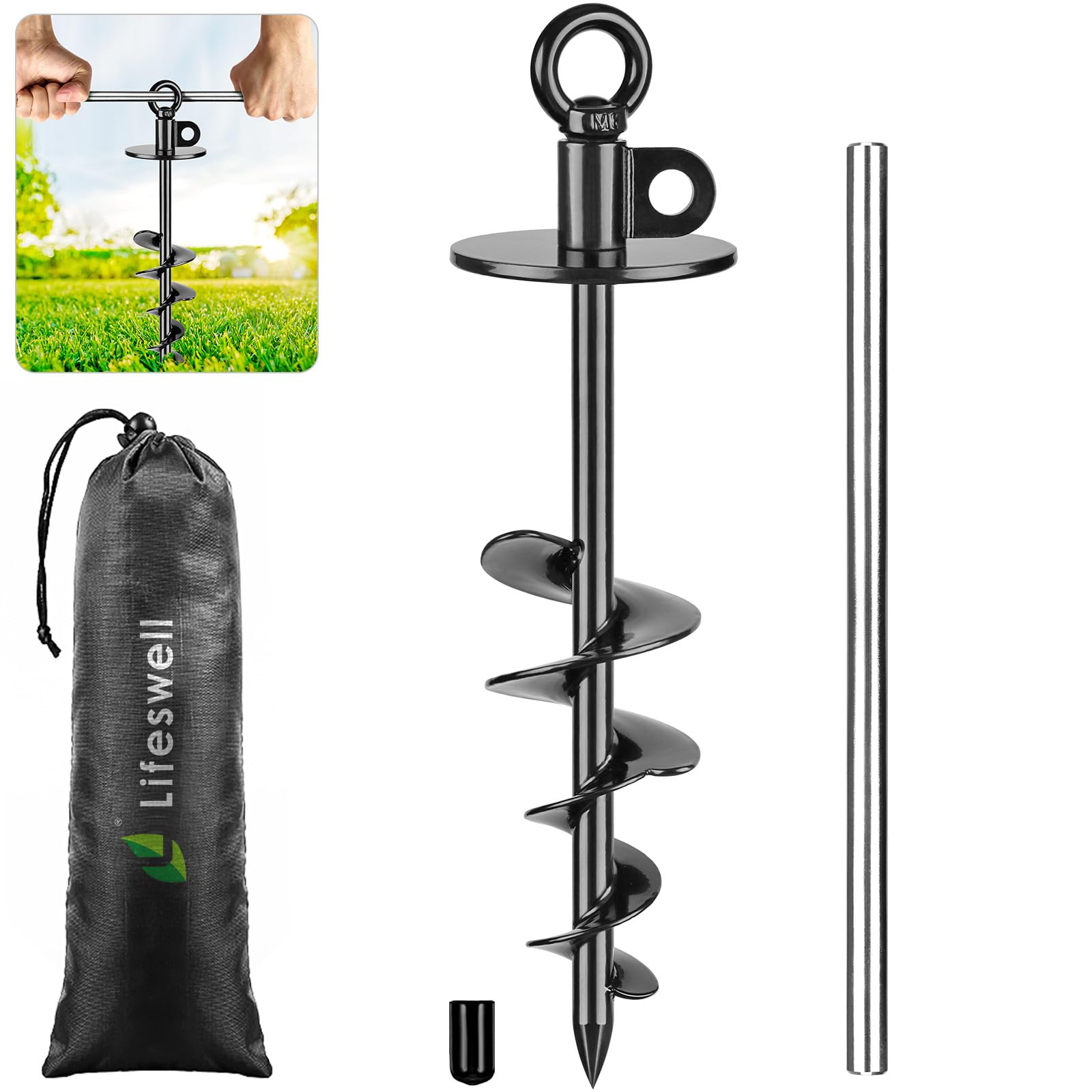 15 Inch Dog Tie Out Stake, Heavy Duty Dog Anchor for Dogs up to 220lbs, No Tangle, Easy to Install and Remove, Ideal for Yard, Camping, and Beach, 1 Pack (Black)