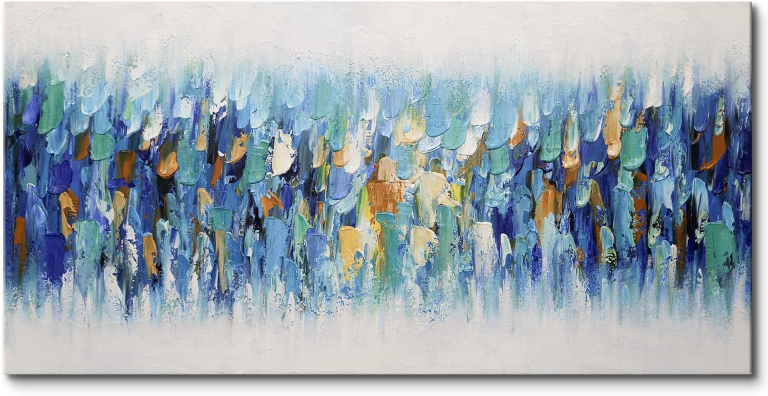 Paintings - 100% Hand Painted Abstract Wall Art Blue Colorful Rhapsody Canvas Oil Painting Wall Art Heavy Textured Picture 24x48” Wall Decor for Living Room Office Fantasy Ocean Landscape Artwork Home Decorations