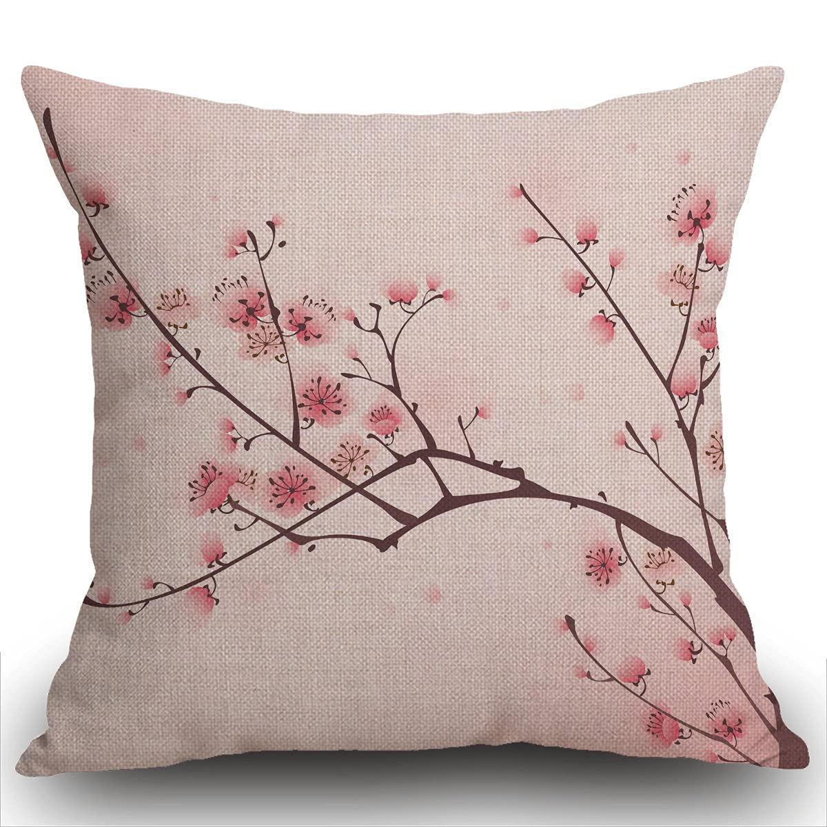 Smooffly Cherry Blossom Cushion Cover Decorative Throw Pillow Covers 18x18 Inch, Pink Chinese Cherry Blossom Flower Japan Plum Branch Double Sided Square Pillow Cases Pillowcase Sofa 45x45cm