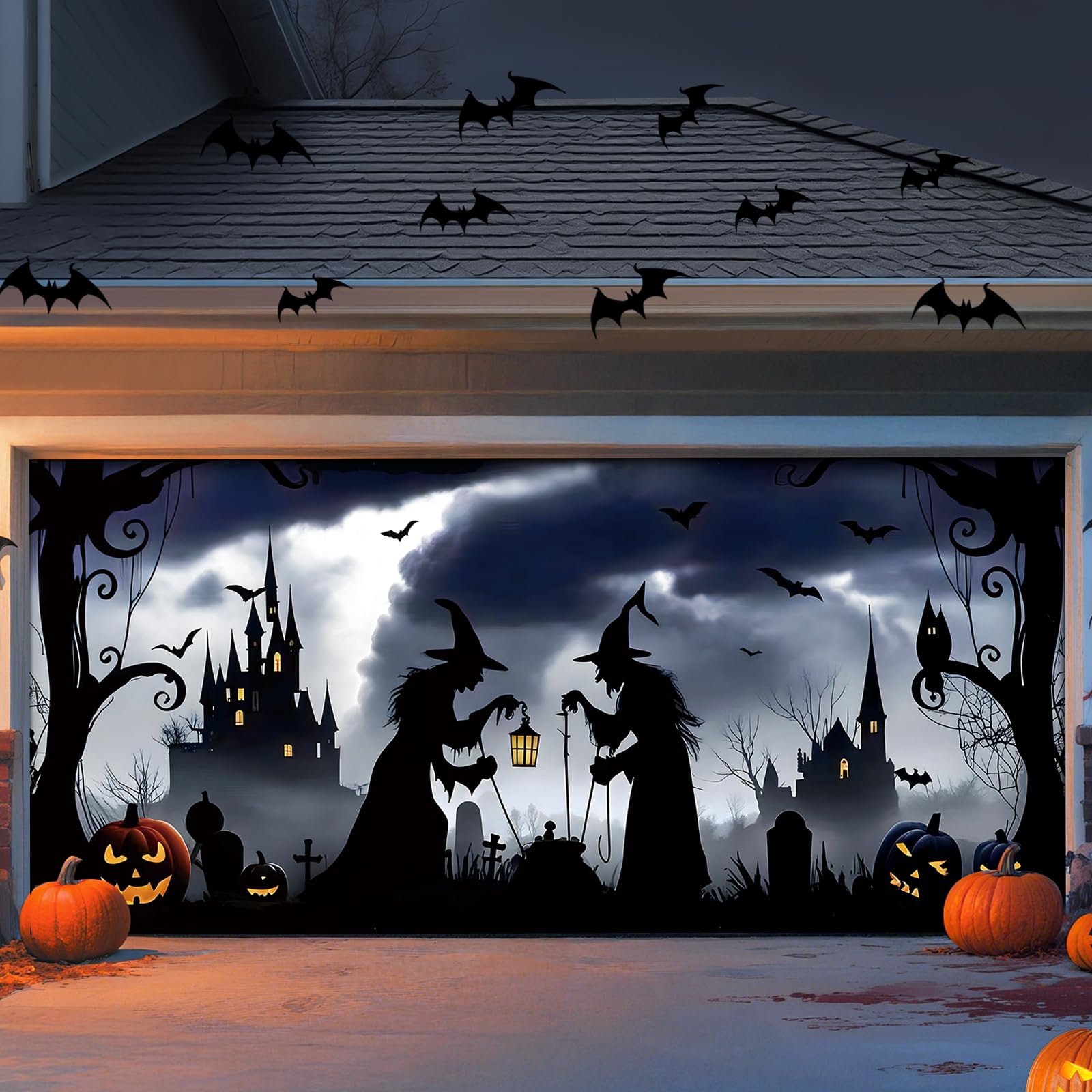 Photo 1 of Brightown Halloween Garage Door Cover 7 x 16 FT Decorations, with Magnetic Hook and Ropes for Easy Installation, Large Banner Backdrop for 2-Car Garage Door Party Wall Door Gate (Black)