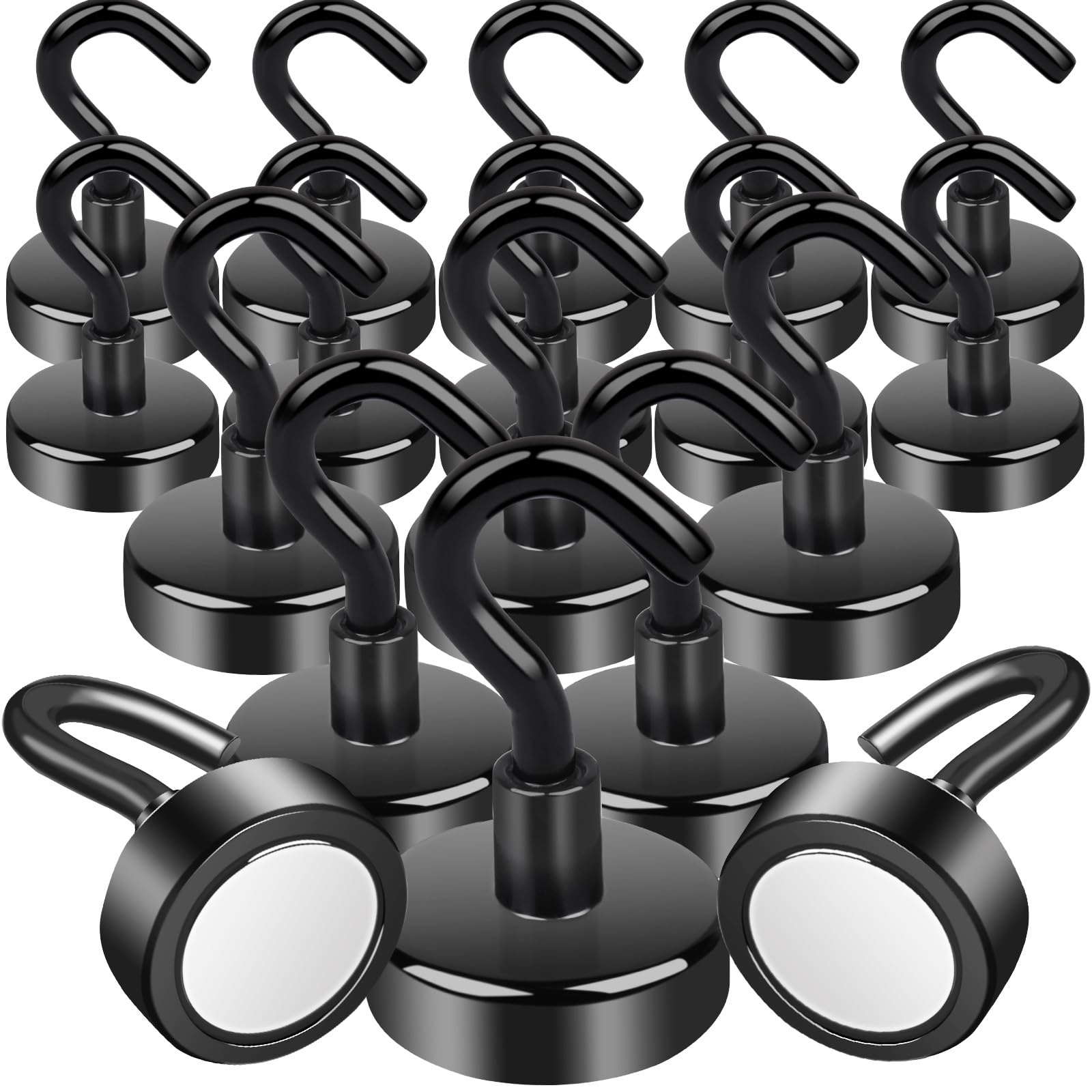 MIN CI 18pcs Black Magnetic Hooks Heavy Duty 45lbs, 25mm Neodymium Strong Magnets for Kitchen, Fridge, Workplace & Cruise Cabins