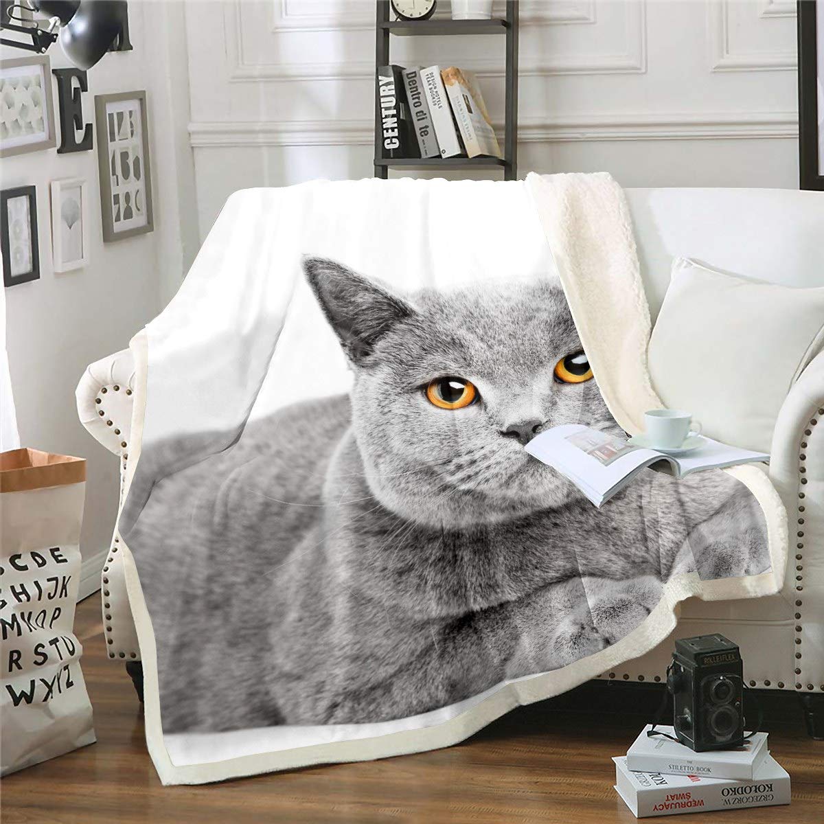 Loussiesd Cat Sherpa Blanket Cute Blue Cat Print Fleece Throw Blanket British Shorthair Plush Blanket for Kids Boys Girls 3D Cat Printed Fuzzy Blanket for Sofa Bed Couch Double 60x79 Inch