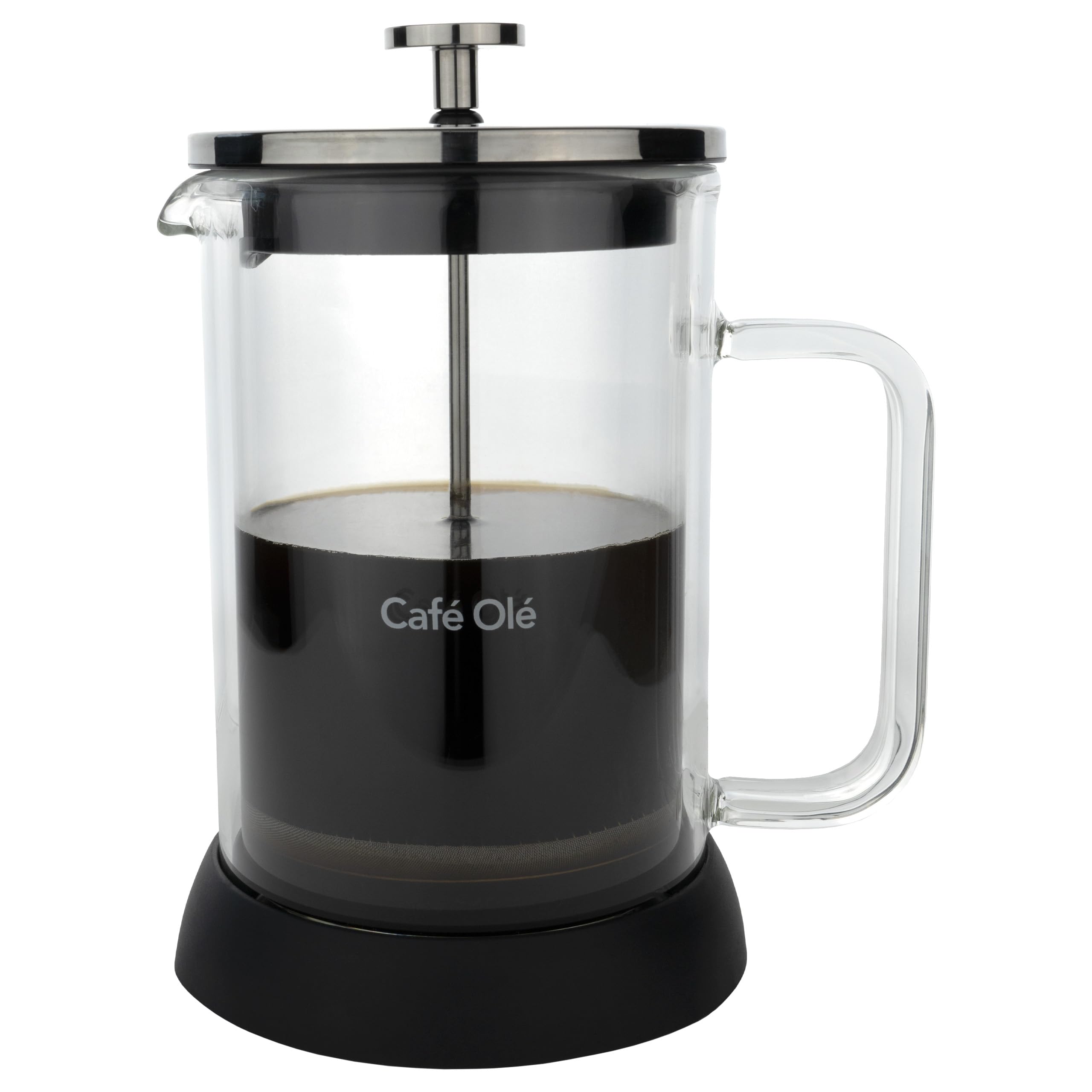Café Olé Doppio Double Walled Glass Cafetiere, French Press, Silicone Non-Slip Base, 6 Espresso Cup/ 800ml, Black