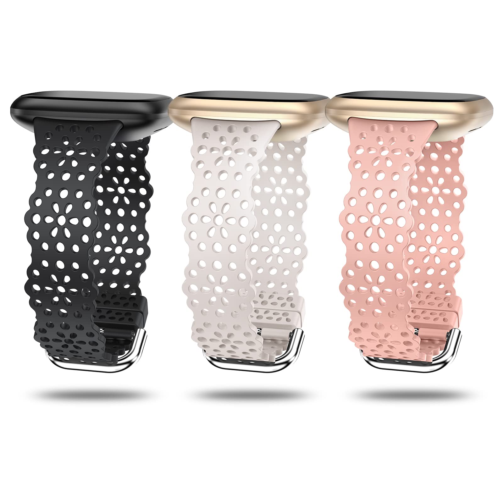 TOYOUTHS 3 Pack Lace Silicone Straps Compatible with Fitbit Versa 3/Sense/Versa 4/Sense 2, Women Slim Cute Hollow-Out Sport Replacement Strap, Breathable Waterproof Soft Straps, Black+Starlight+Pink