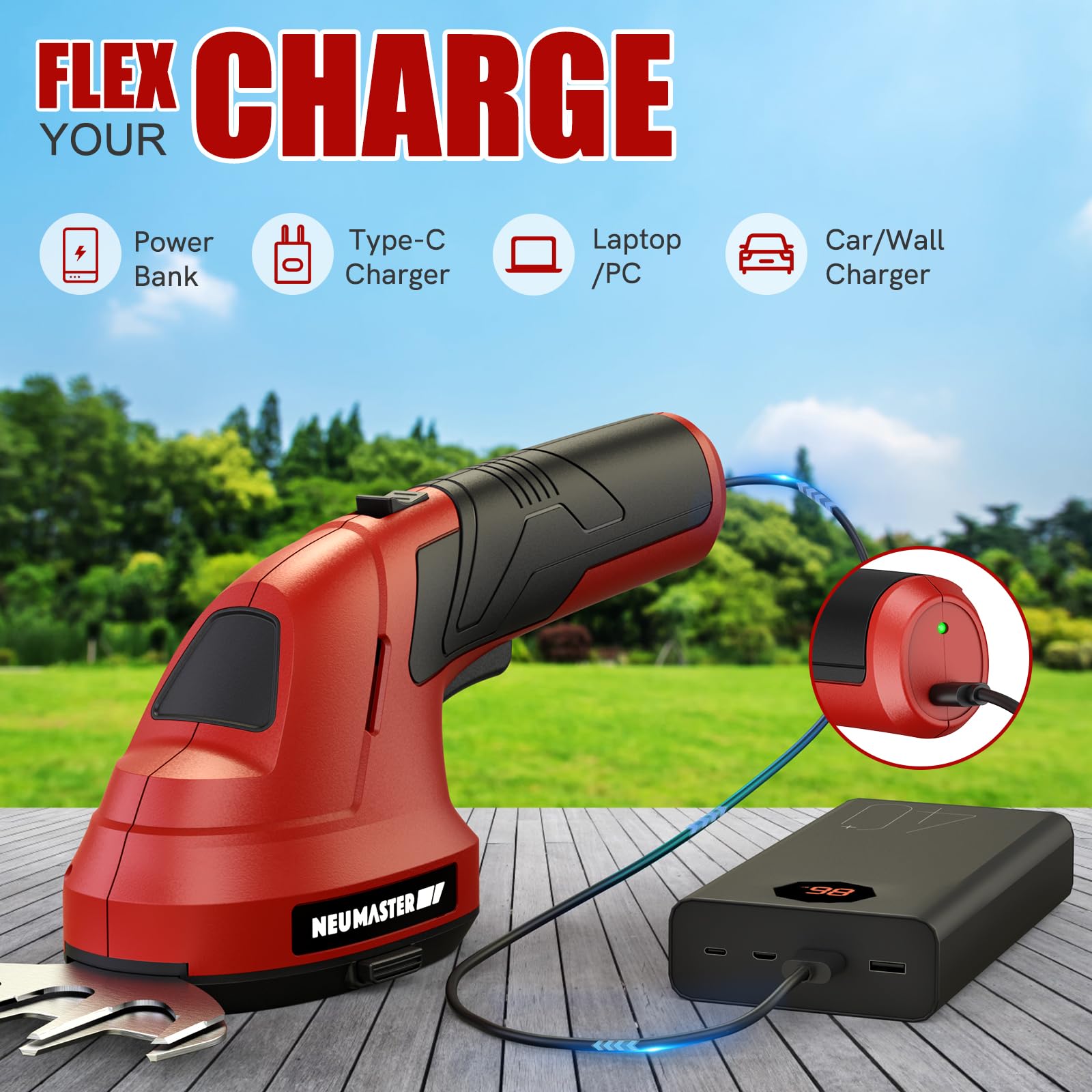 NEU MASTER Cordless Grass Shear, 2-in-1 Handheld Hedge Trimmer, 7.2V Electric Grass Trimmer with Type-C Cable and 2.0Ah Rechargeable Battery, Lightweight Shrubbery Trimmer for Garden Yard Lawn