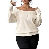 SOLY HUX Women's Plus Size Off The Shoulder Sweater Pearls Long Sleeve Knit Pullover Fall Jumper Tops