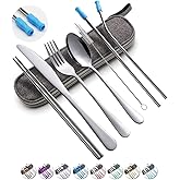 Travel Utensils Set with Case Reusable Portable Cutlery Set Stainless Steel 8pcs Including Dinner Knife Fork Spoon Chopsticks