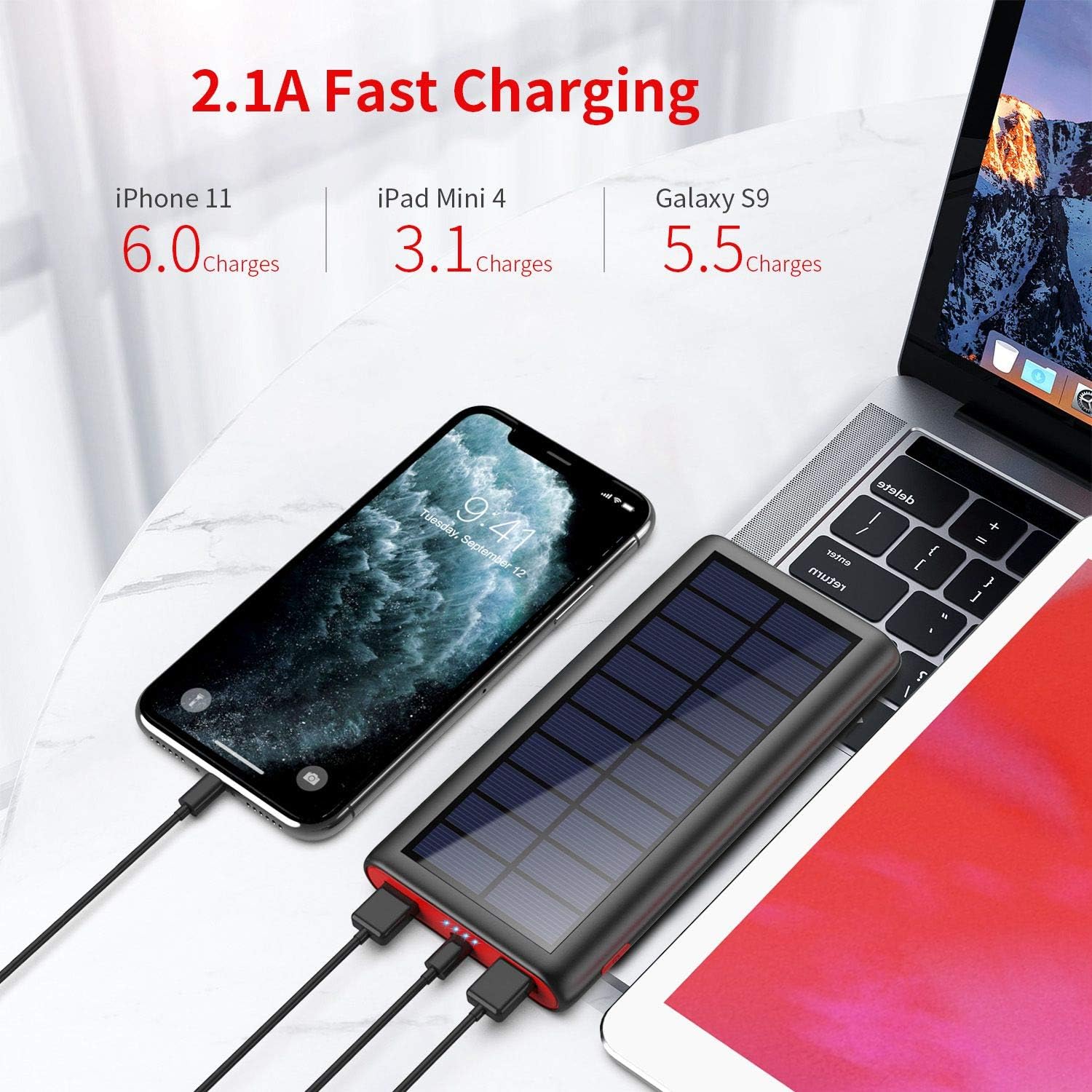 Solar Charger 26800mAh,Kilponen Outdoor Power Bank,Camping High Capacity External Backup Battery Pack with 4 LED Lights,Dual USB Ports Charging for Cellphones Tablets,iPad,GoPro Camera,GPS and More