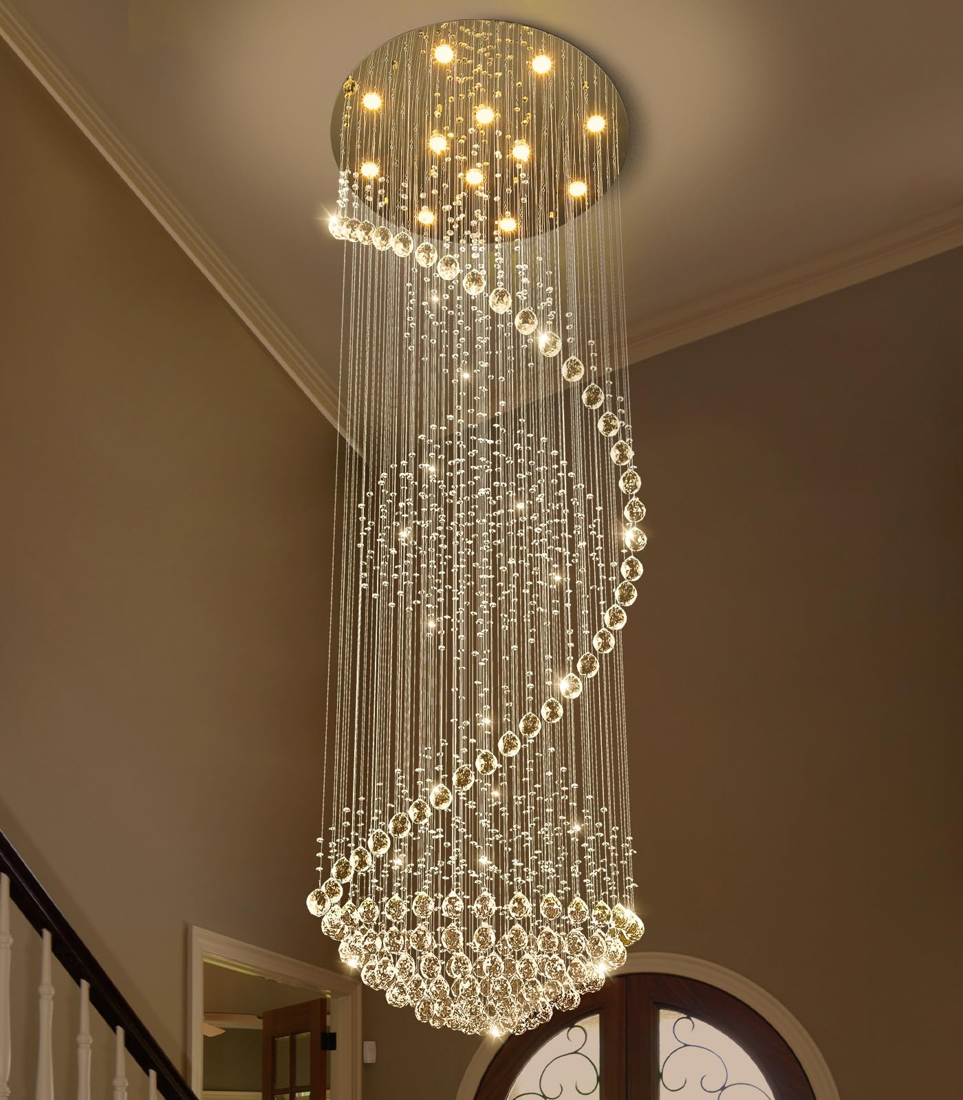Photo 1 of cenozo 98'' Crystal Chandelier High Ceiling Chandeliers for Staircaes Large Raindrop Chandeliers LED Dimmable Flush Mount Light Fixtures for Foyer Hallway Entryway LED Bulbs Included Gold