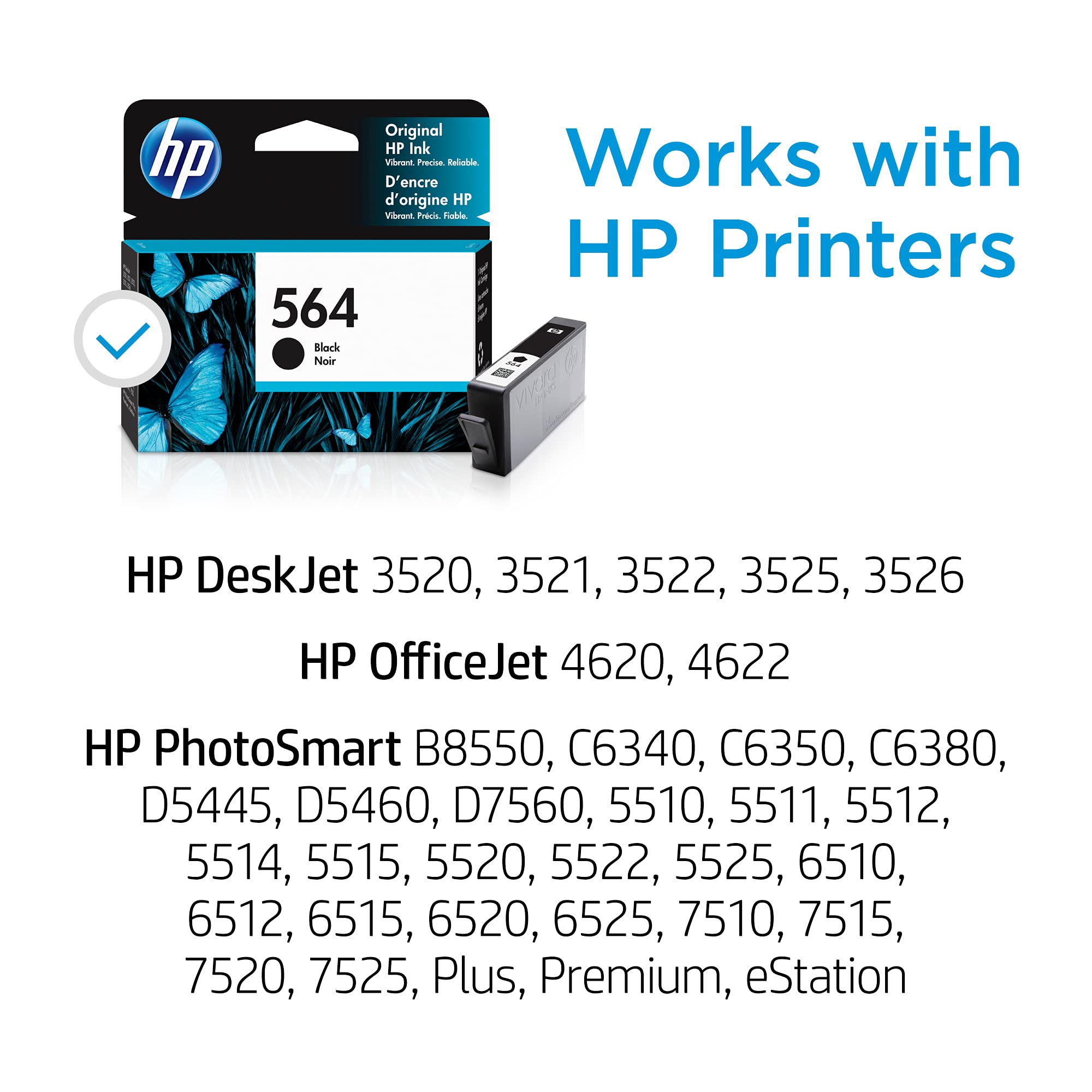 HP 564 Black Ink Cartridge | Works with DeskJet 3500; OfficeJet 4620; PhotoSmart B8550, C6300, D5400, D7560, 5510, 5520, 6510, 6520, 7510, 7520, Plus, Premium, eStation Series | CB316WN