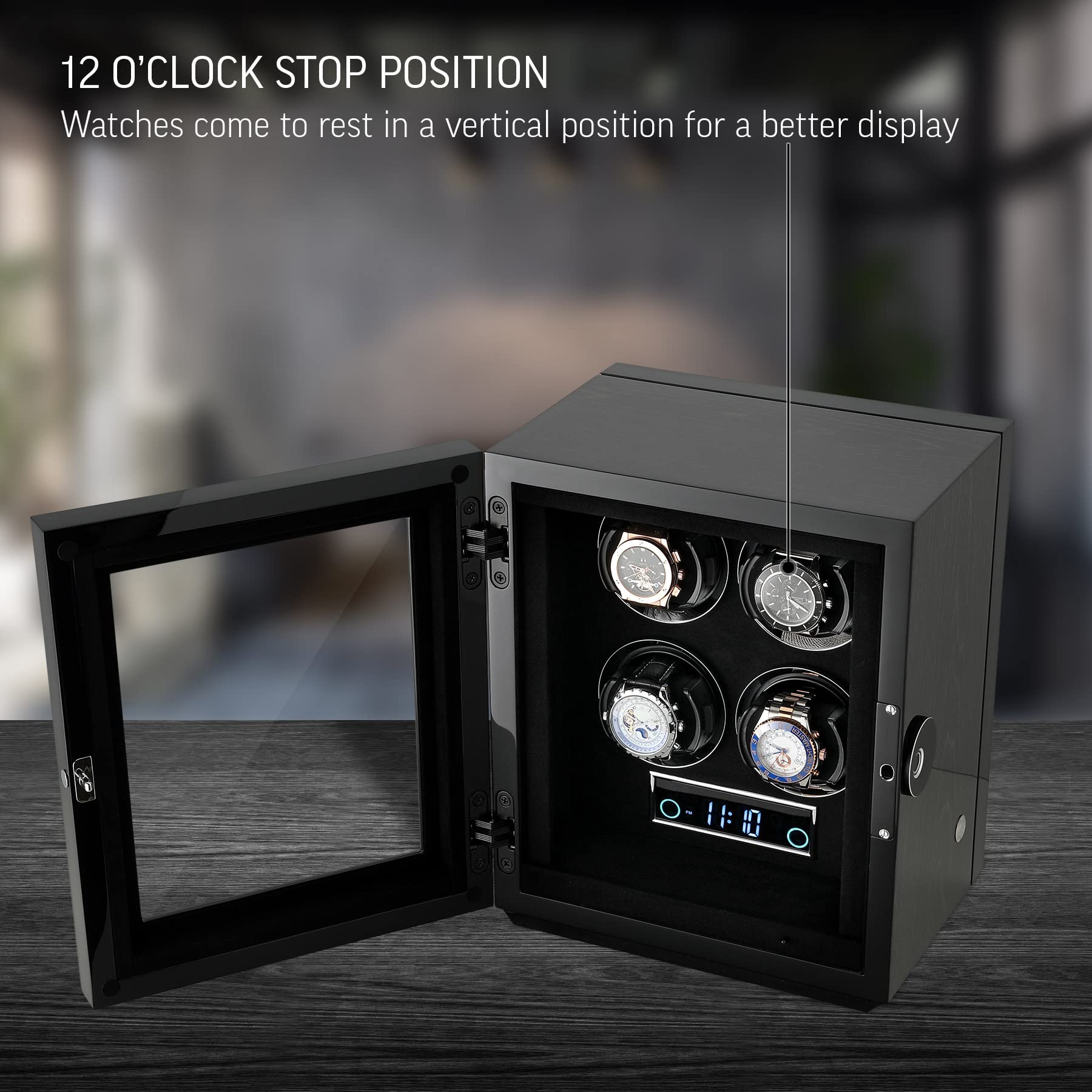 Watch Winder for 4 Watches with Fingerprint Lock, Interior Backlight and Remote Control