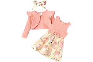 PATPAT Toddler Baby Girls Dress and Cardigan Mesh Sleeveless Playwear Dress and Ruffle Shrug with Headband
