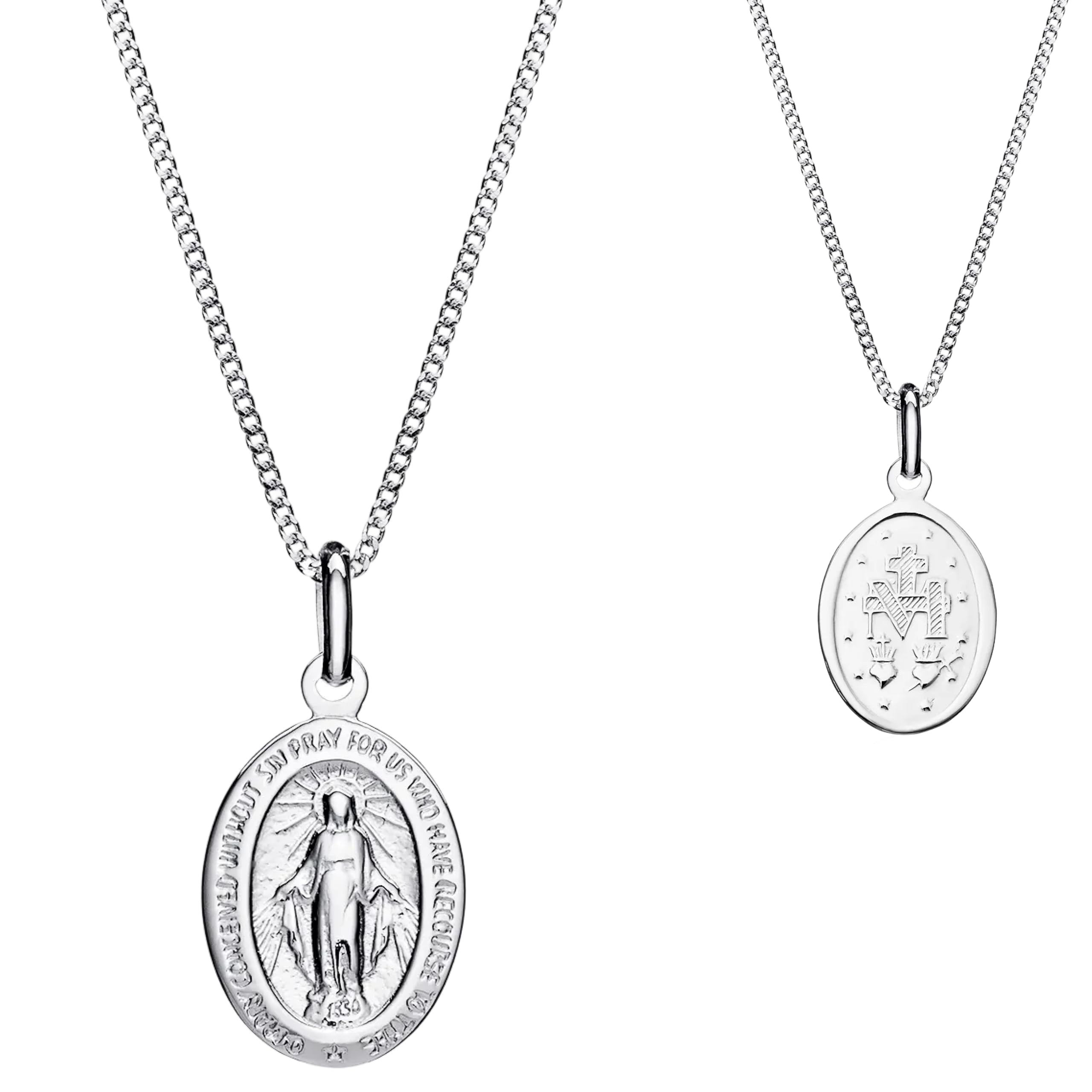 Aeon Real Sterling Silver Miraculous Medal Pendant Necklace for Women and Men. Adjustable Chain from 16 inches to 18 inches.