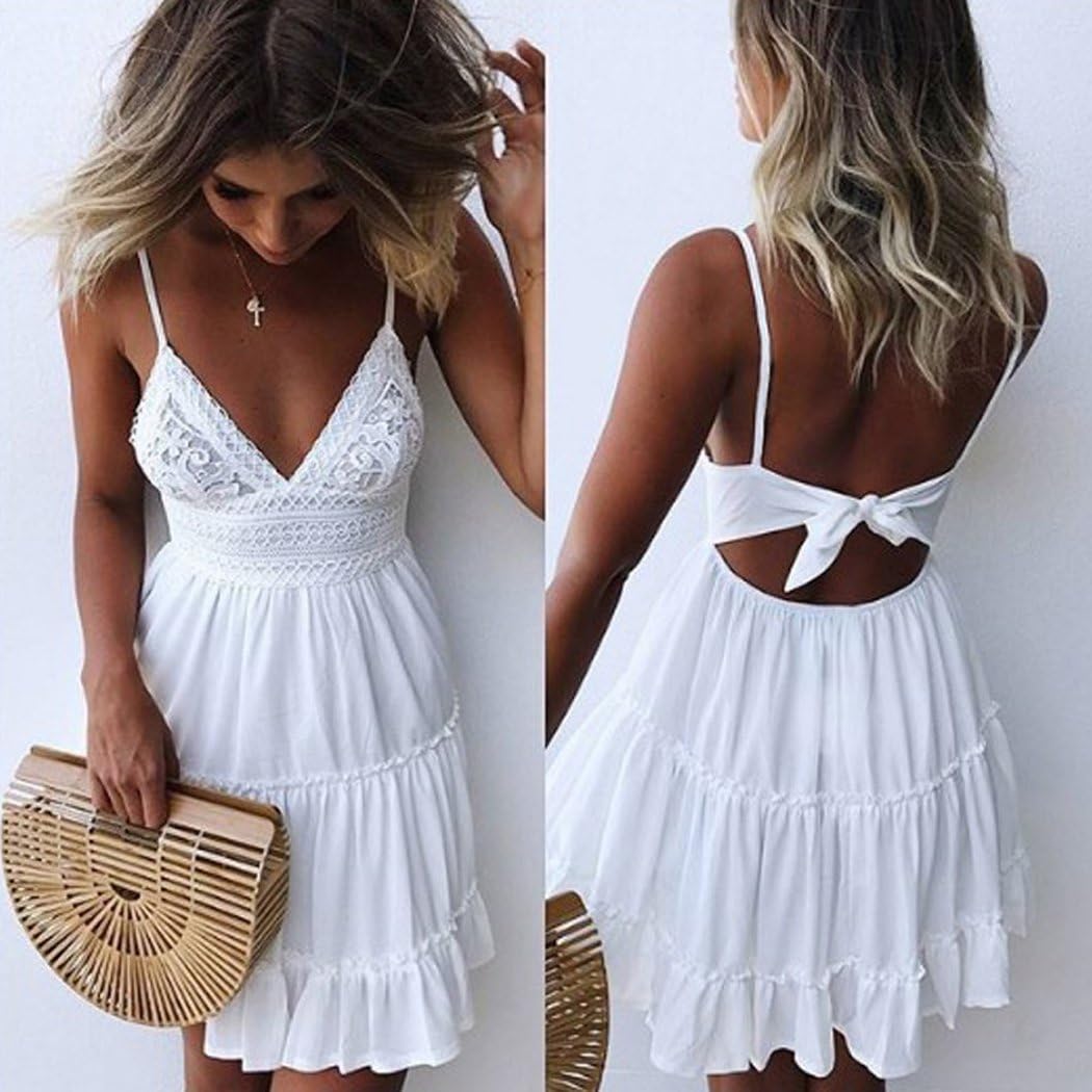 ECOWISH Womens V-Neck Spaghetti Strap Bowknot Backless Sleeveless Lace Mini Swing Skater Dress: Clothing