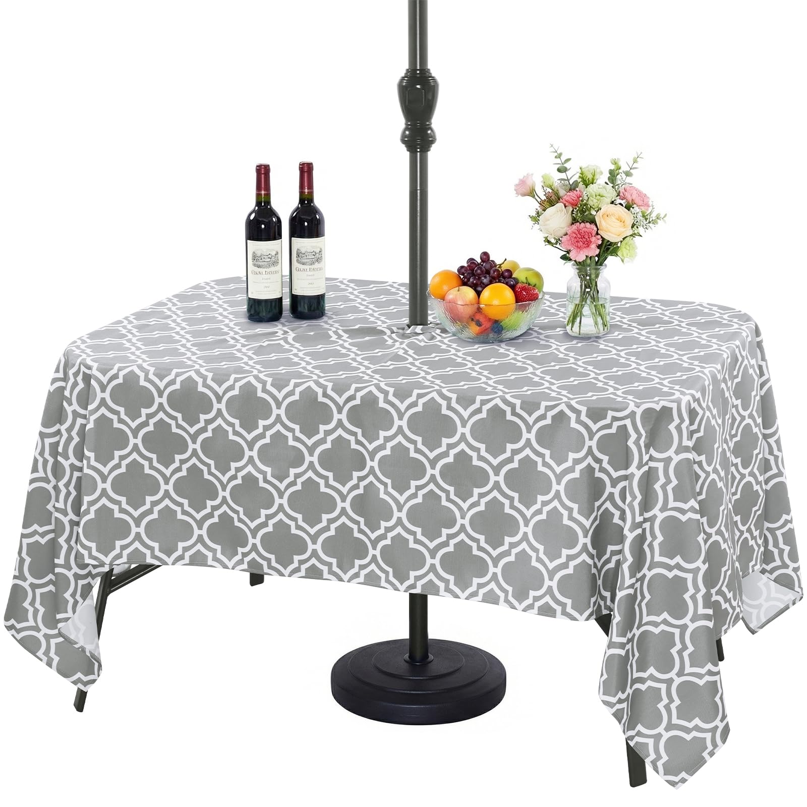 Eternal Beauty Rectangle Indoor & Outdoor Splashproof Tablecloth with Umbrella Hole and Zipper for Patio Garden Party and BBQ (132 x 178 cm, Grey)