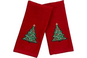 Serafina Home Luxury Holiday Christmas Hand Towels: Traditional Decorated Tree, Velour Terry Red Bathroom Towels, Set of 2, 16 x 25