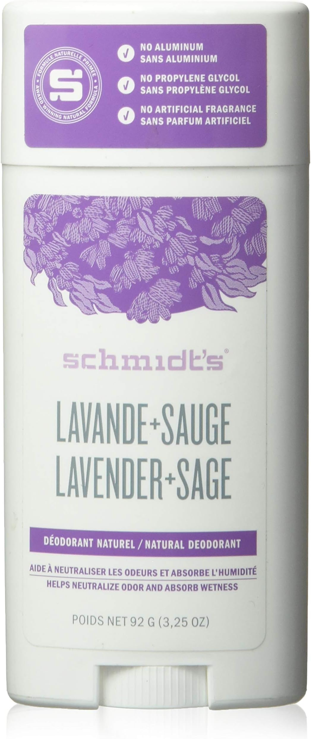 Schmidt's Deodorant Stick, Lavender + Sage, 3.25 Ounce, White & Lavender, 3.25 Ounce (Pack of 1)