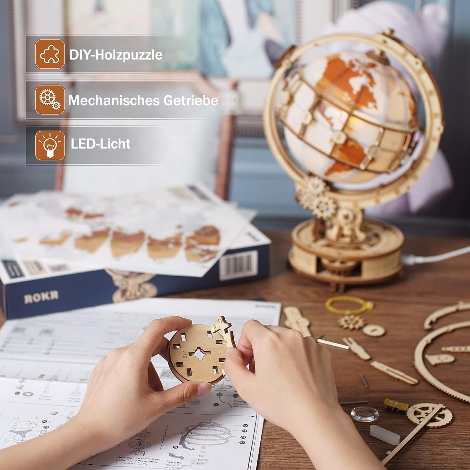ROKR 3D Puzzle Holz Erwachsene, Holzpuzzle Modell Leuchtglobus Modellbau Bastelset Erwachsene mit LED Licht Weltkugel Bausatz Drehbar Luminous Globe Holzbausatz als Deko, Geschenk (180 Teilen) 3
