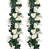 4Pcs 28Ft White Rose Garland, Fake Flower Vines, Artificial Vine Flowers, Rose Hanging Garland for Party Wedding, Garden, Room Table, Christmas, Backdrop Wall Arch Decor