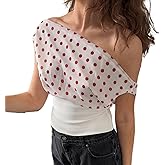 PIMUXISE Women Off Shoulder Tops Asymmetrical Boat Neck Sleeveless Backless Y2K Polka Dot Tank Top Going Out Crop Shirts