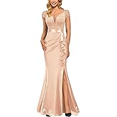Miusol Women's Vintage V-Neck Slim Style Ruffle Split Evening Formal Maxi Dress