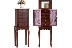 Giantex Standing Jewelry Armoire Cabinet with 4 Drawers, Flip Top Mirror, Top Storage Compartments, 2 Side Doors with 8 Necklace Hooks, Freestanding Jewelry Organizer Box Chest (Walnut)