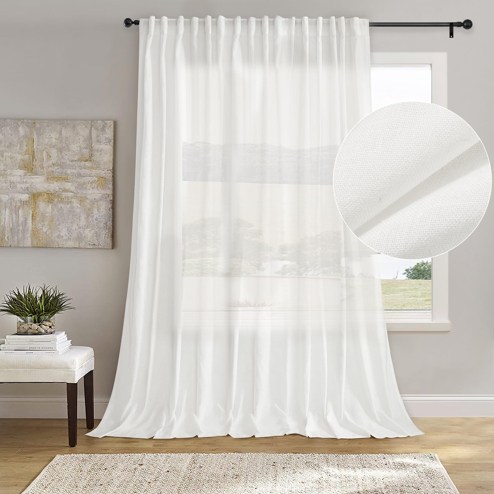 Photo 1 of Dreaming Casa White Linen Blend Semi Sheer Curtains 96 inches Long, Light Filtering Curtains Sheer Rod Pocket & Back Tab, Soft Window Privacy Drapes Living Room Bedroom, 1 Panel, Each W100 x L96