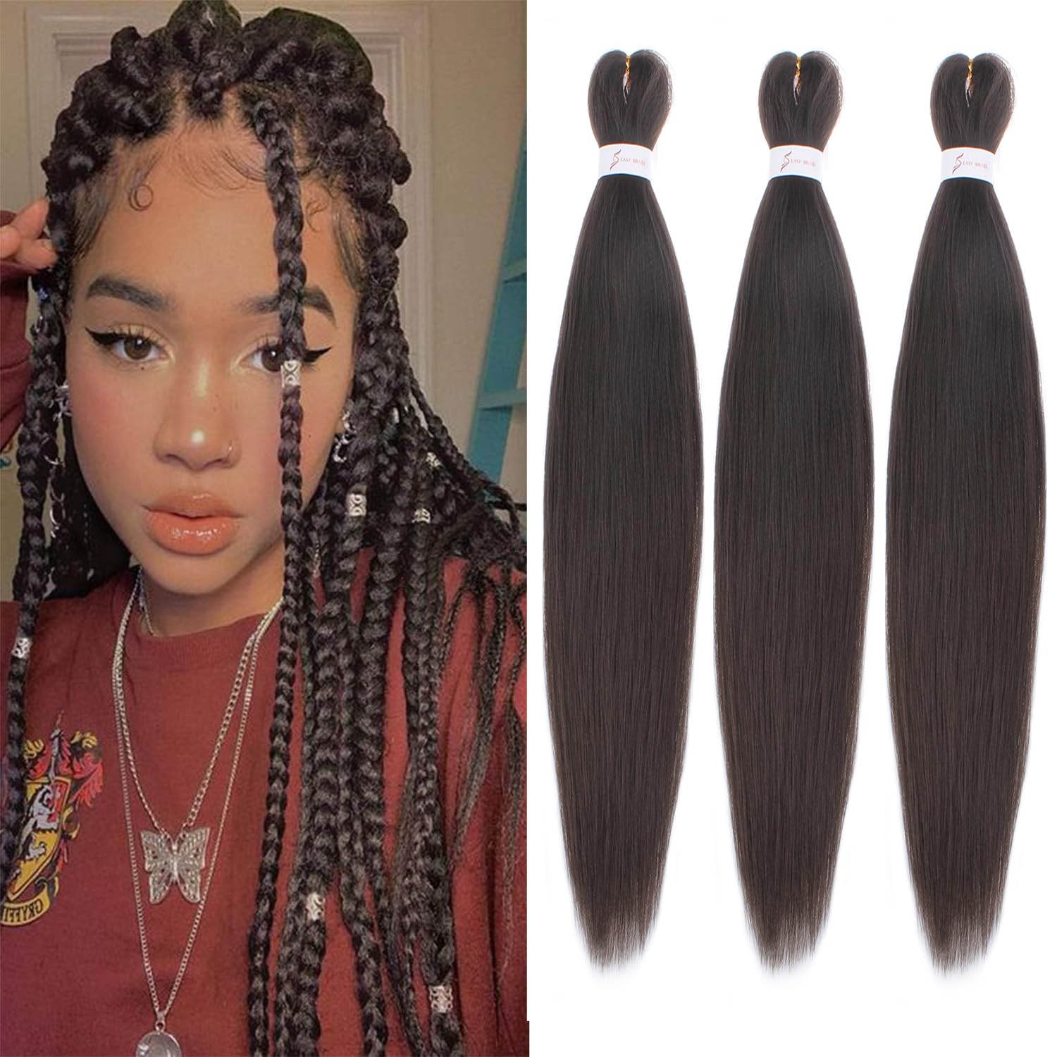 Xtrend 16 Inch Dark Brown EZ Braids 3Packs Pre-Stretched EZ Braiding Hair Extensions for Box Braids Hair Hot Water Setting Synthetic Fiber Hair Extensions(3Packs,4#) โ image 1