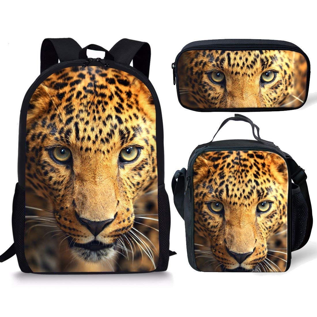 Binienty Personalized Schoolbag 3 Pcs Set, Animal 3D Leopard Cheetah Print Backpack+ Pencil Case+ Lunch Bag for Boys Girls