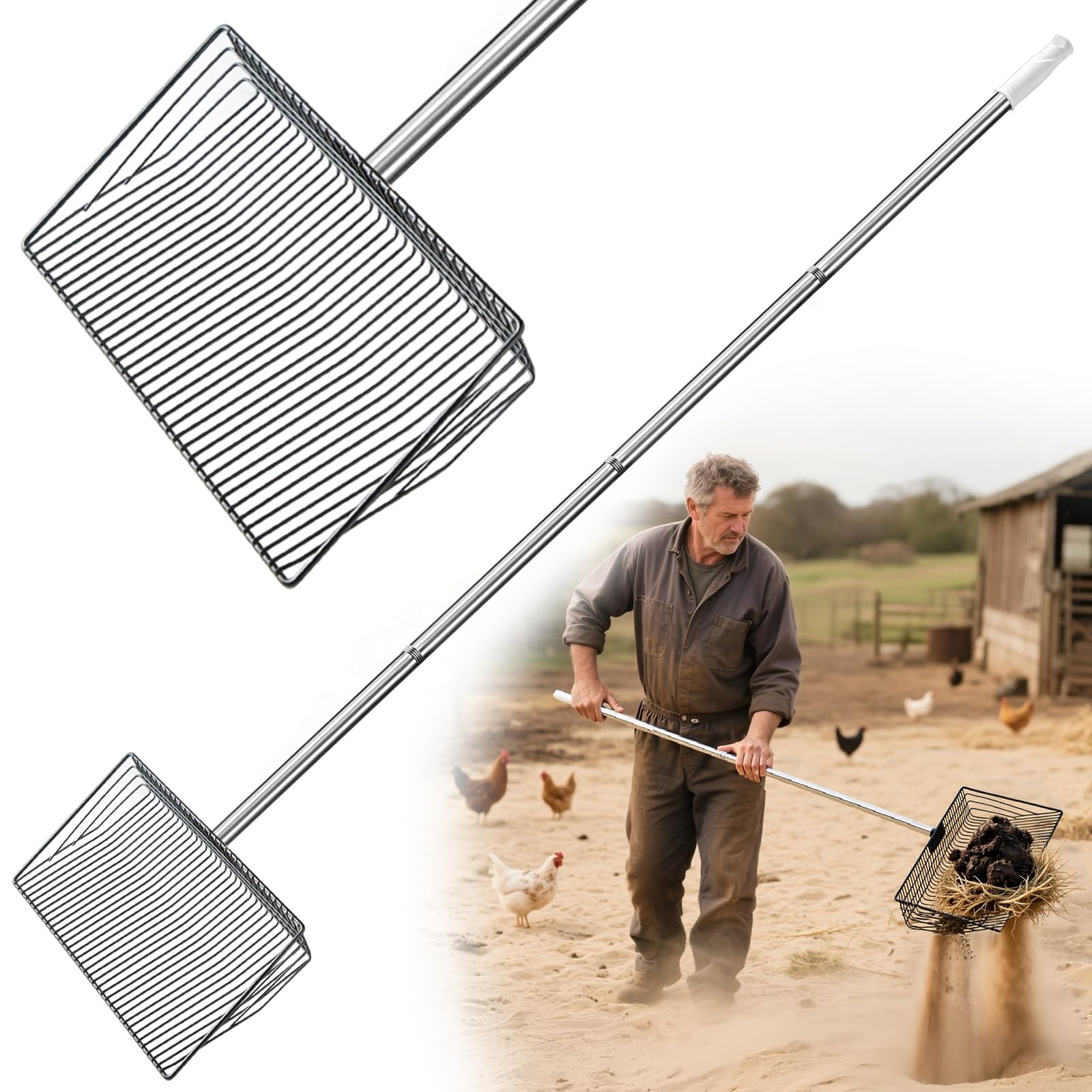 Photo 1 of 10inch Chicken Poop Scooper for Sand Sifting Shovel , 35 to 60" Long Chicken Coop Litter Scoop , 4-in-1 Detachable Tool , Heavy Duty Coop Scoopfor Chicken Coop/Goat Stall/Stable Cleaning Accessories