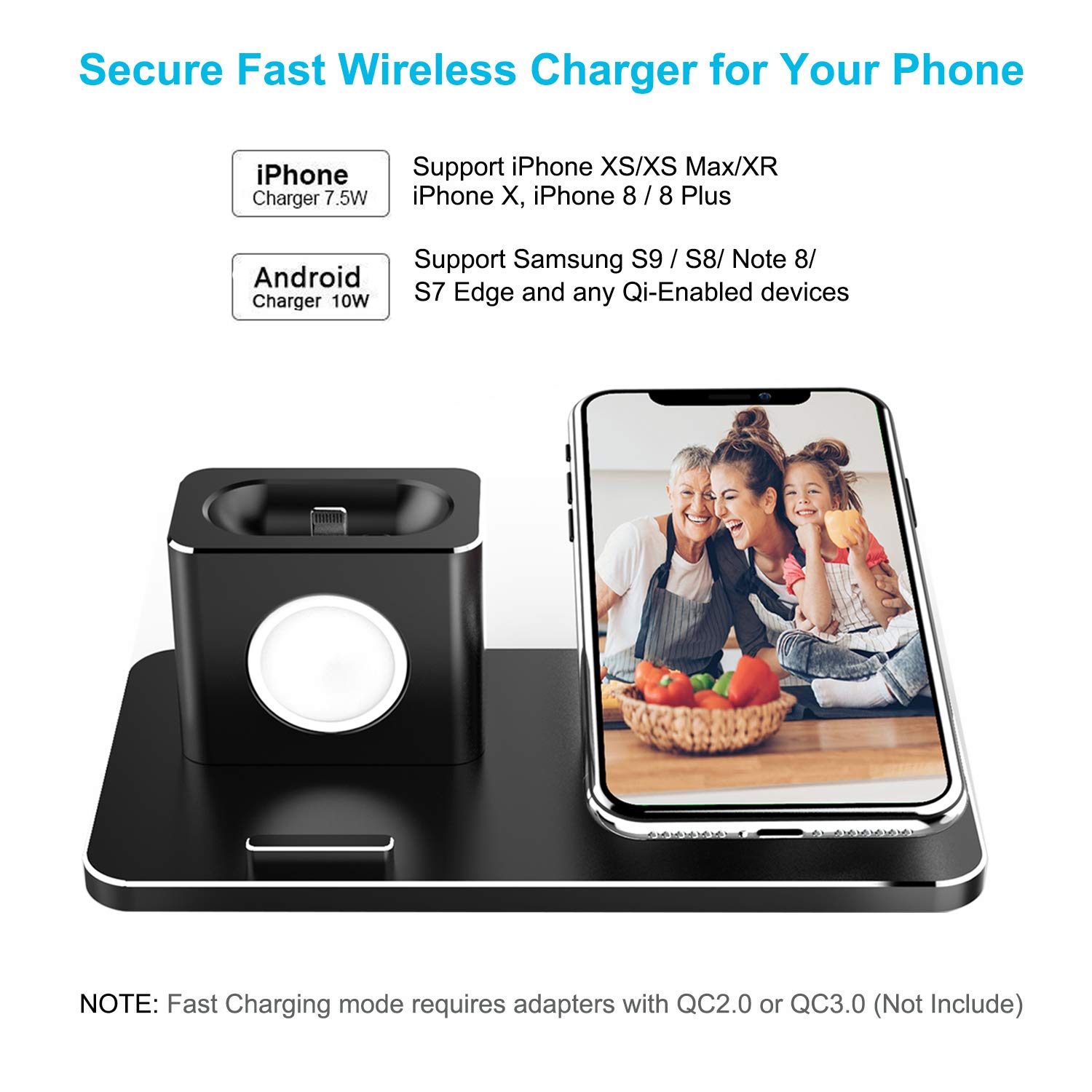 Awelbuy Charging Station for Apple Watch Aluminum Charging Stand Dock for iWatch Series 4/3/2/1, AirPods, 10W Wireless Charger Stand for iPhone X/XS/XR/Xs Max/8/8 Plus